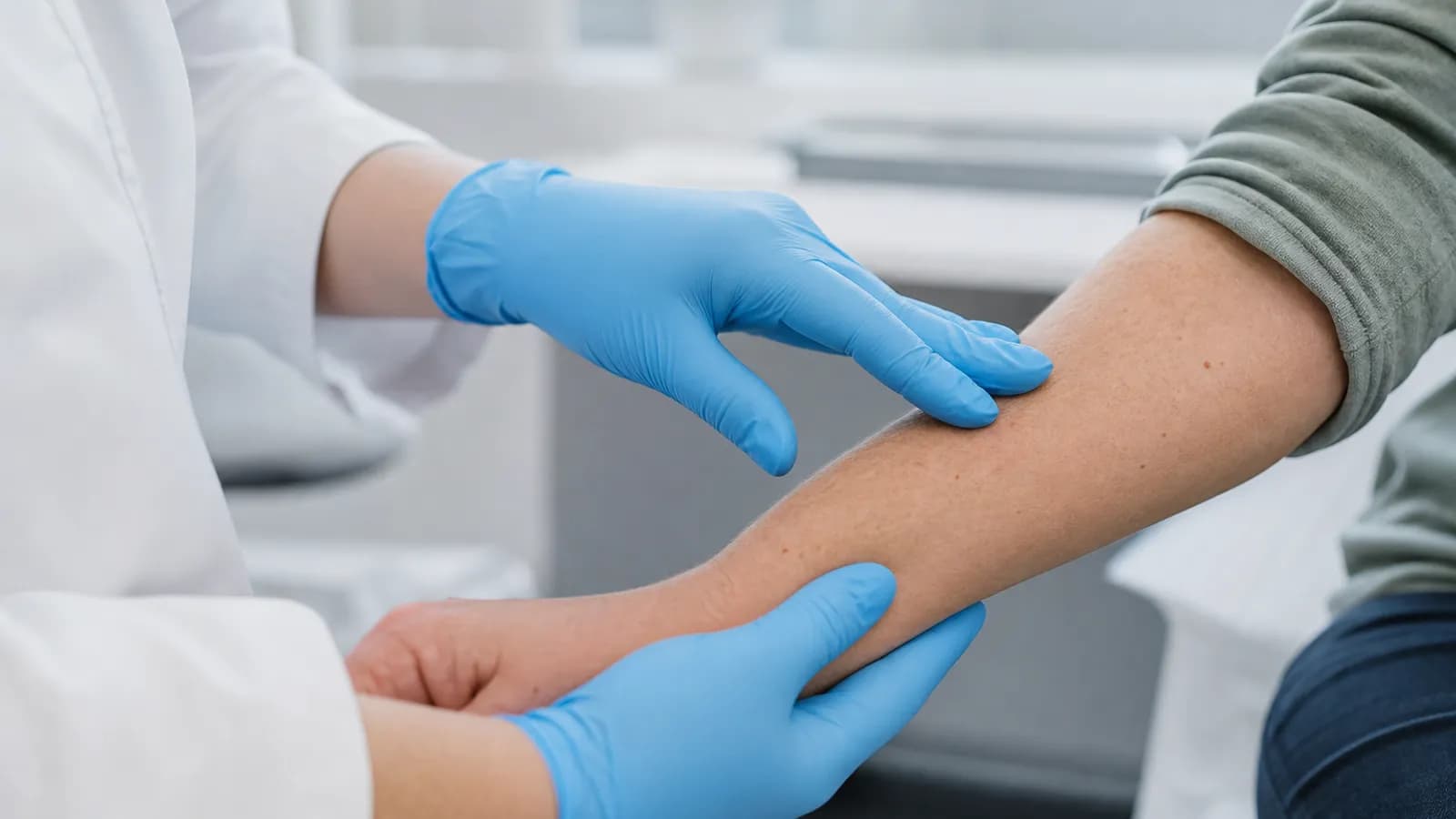 Dermatologist examining a patient’s skin for a blistering condition