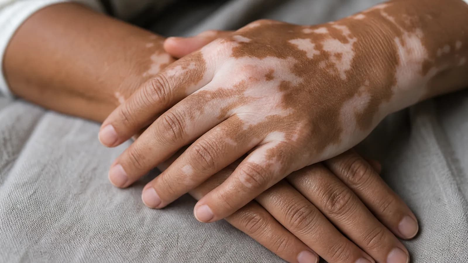 Patient with vitiligo patches during a dermatology consultation
