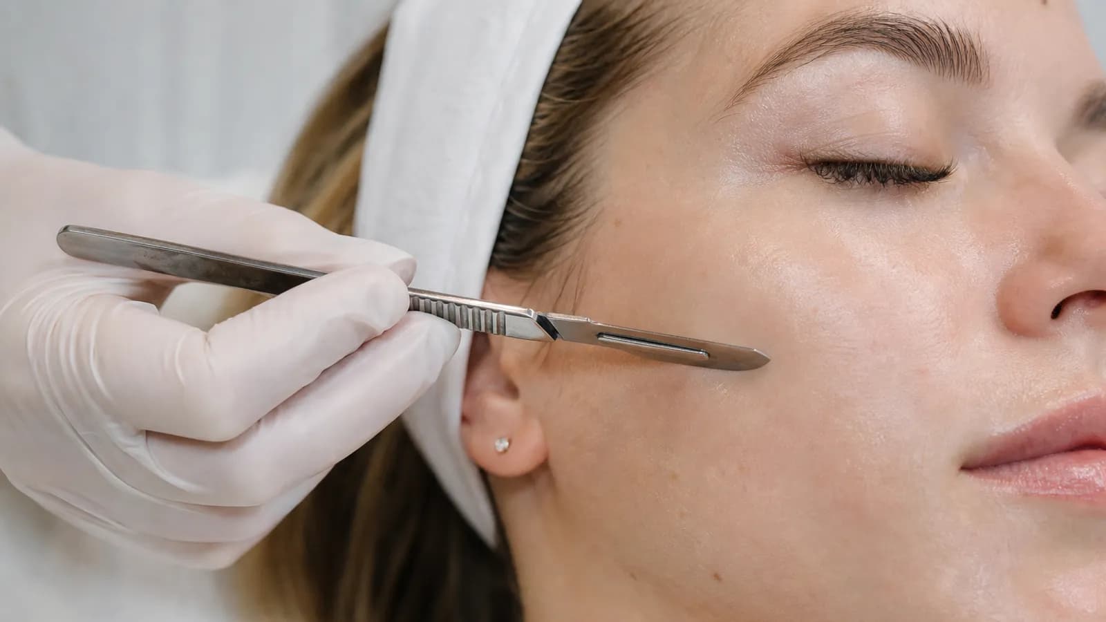 Dermaplaning exfoliation treatment on a patient’s cheek