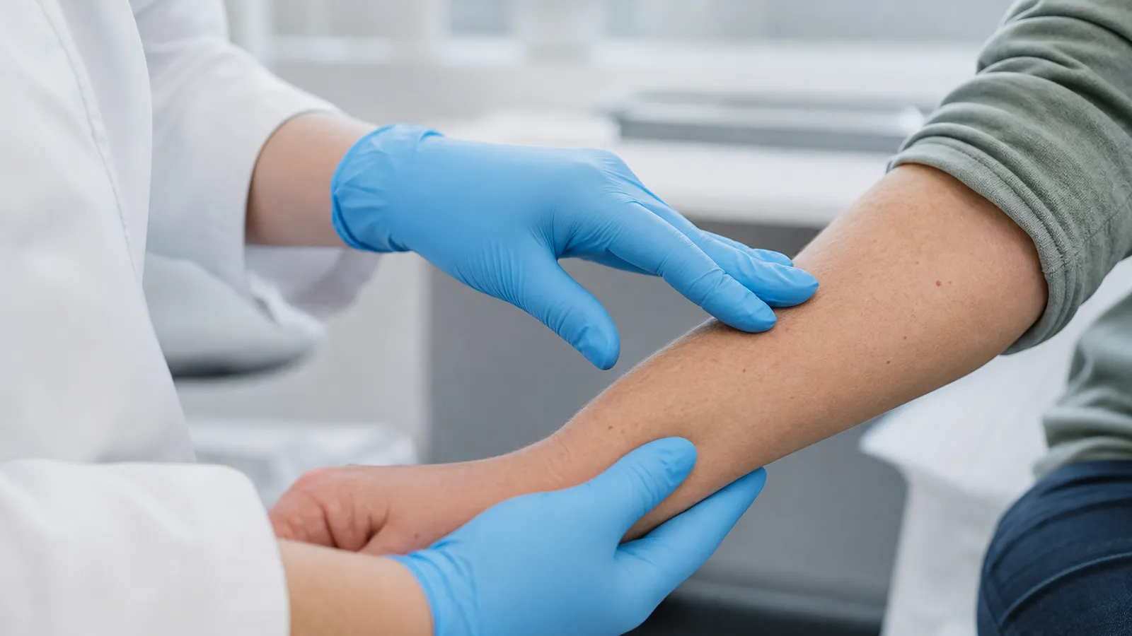 Dermatologist examining a patient’s skin for a blistering condition